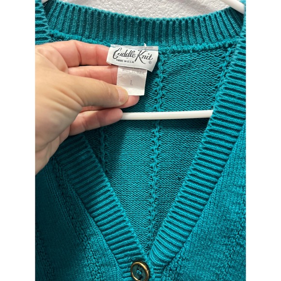 Vintage Cuddle Knit Cardigan Sweater Womens L Teal Green Gold Buttons 90s - Picture 2 of 3